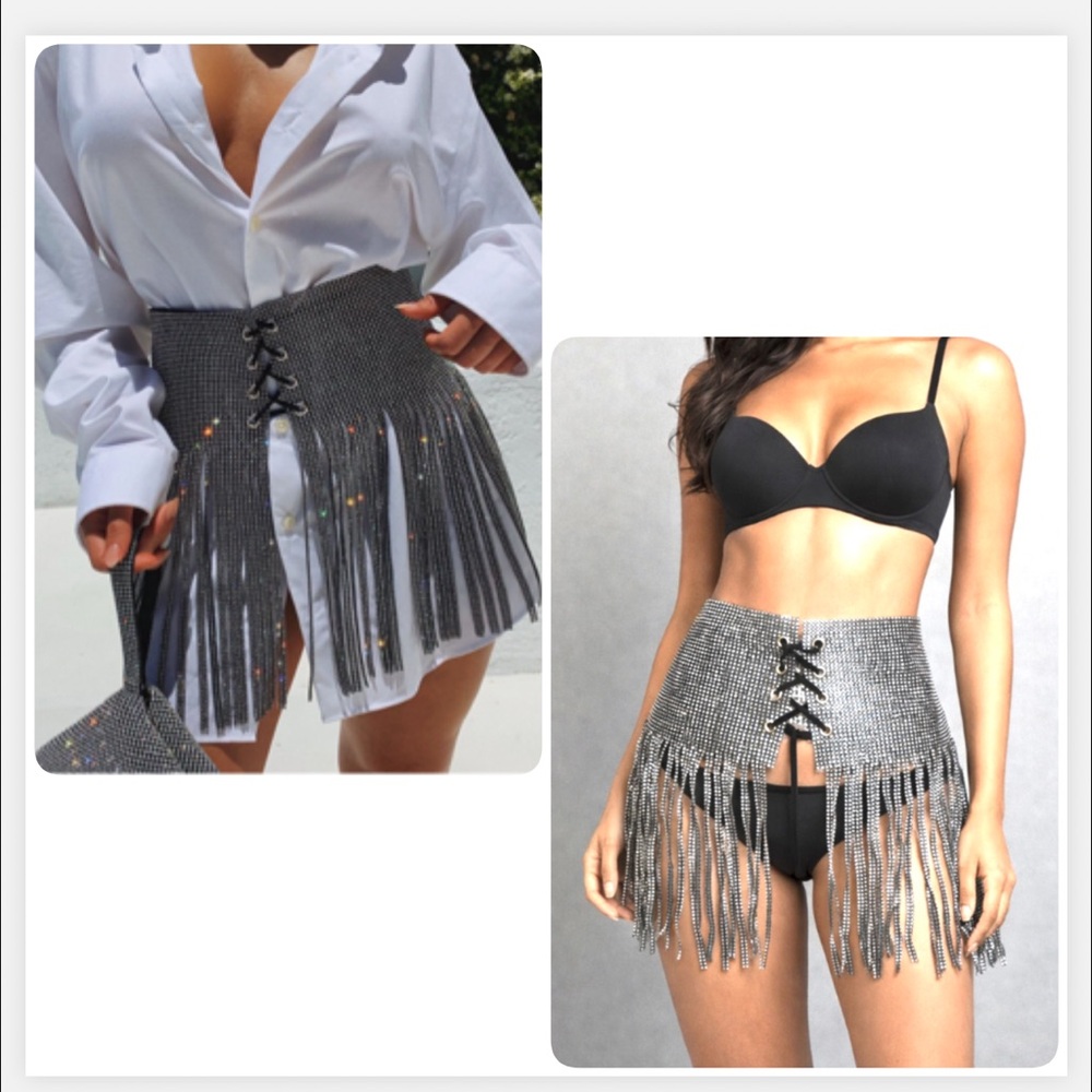 Metallic silver Festival Ready Rhinestone Fringe ‎ Belt